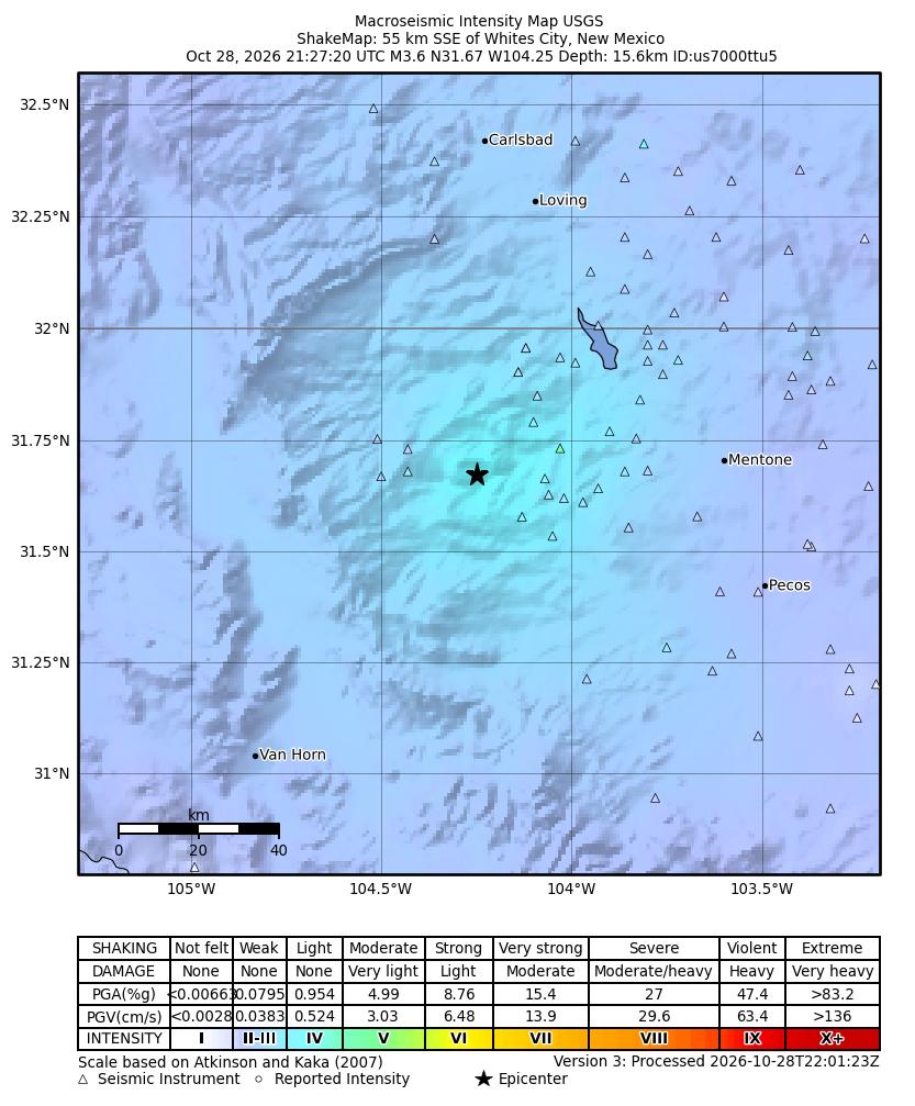 USGS ShakeMap intensity contours for the M3.7 earthquake near 55 km SSE of Whites City, New Mexico