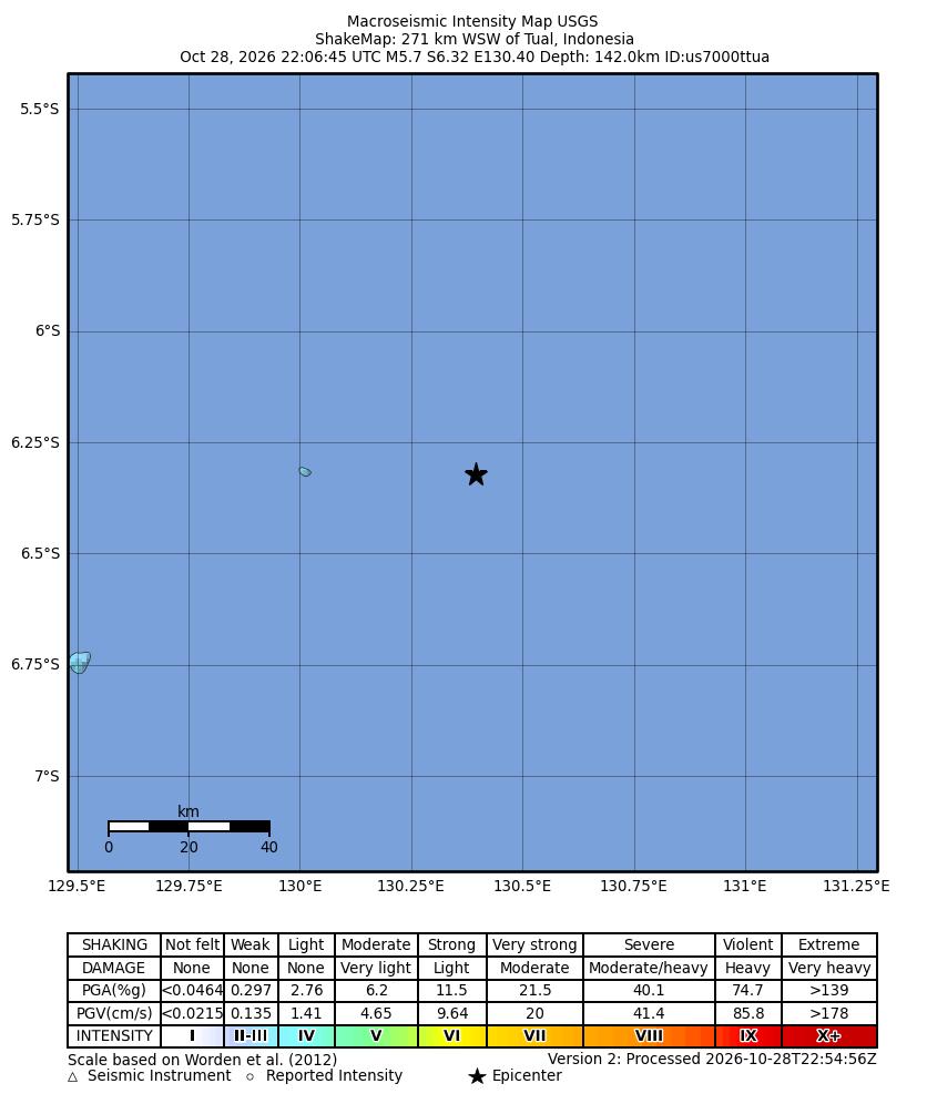 USGS ShakeMap intensity contours for the M5.7 earthquake near 271 km WSW of Tual, Indonesia