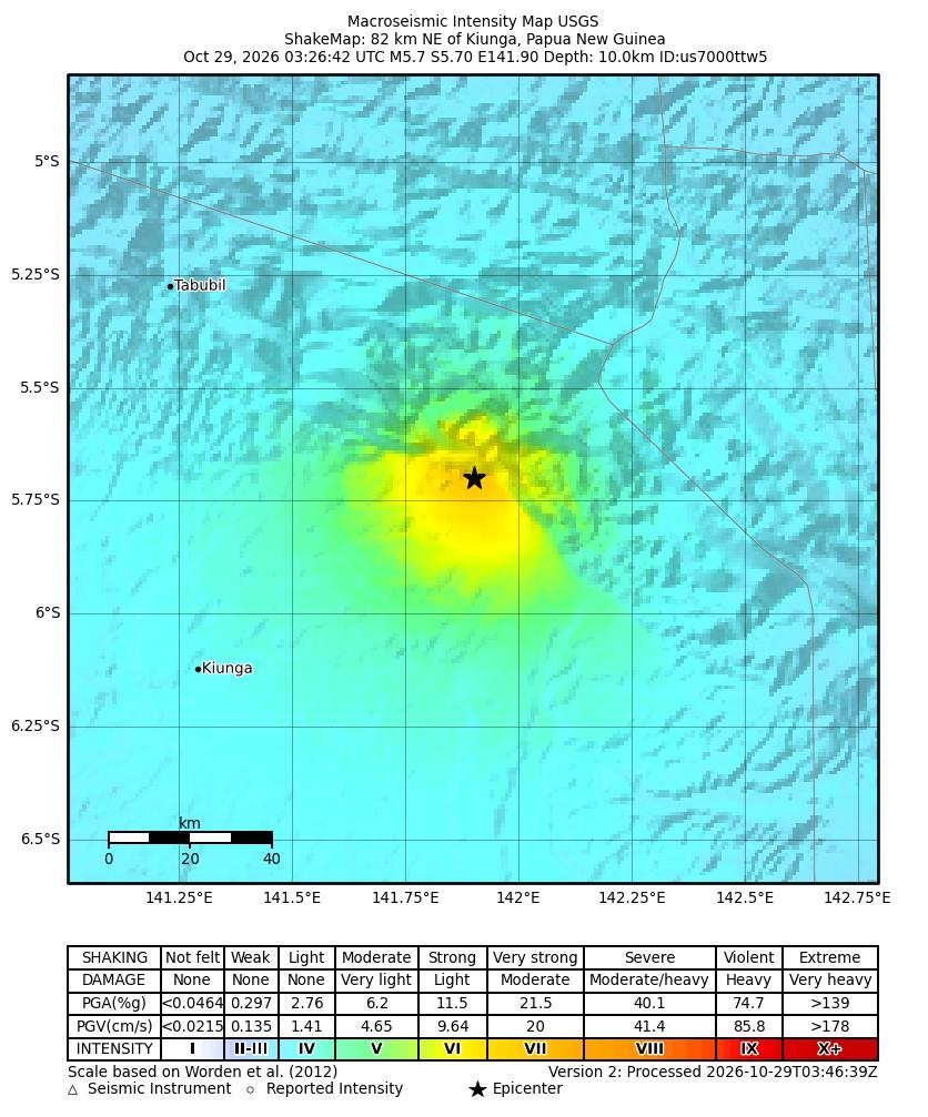 USGS ShakeMap intensity contours for the M5.7 earthquake near 82 km NE of Kiunga, Papua New Guinea