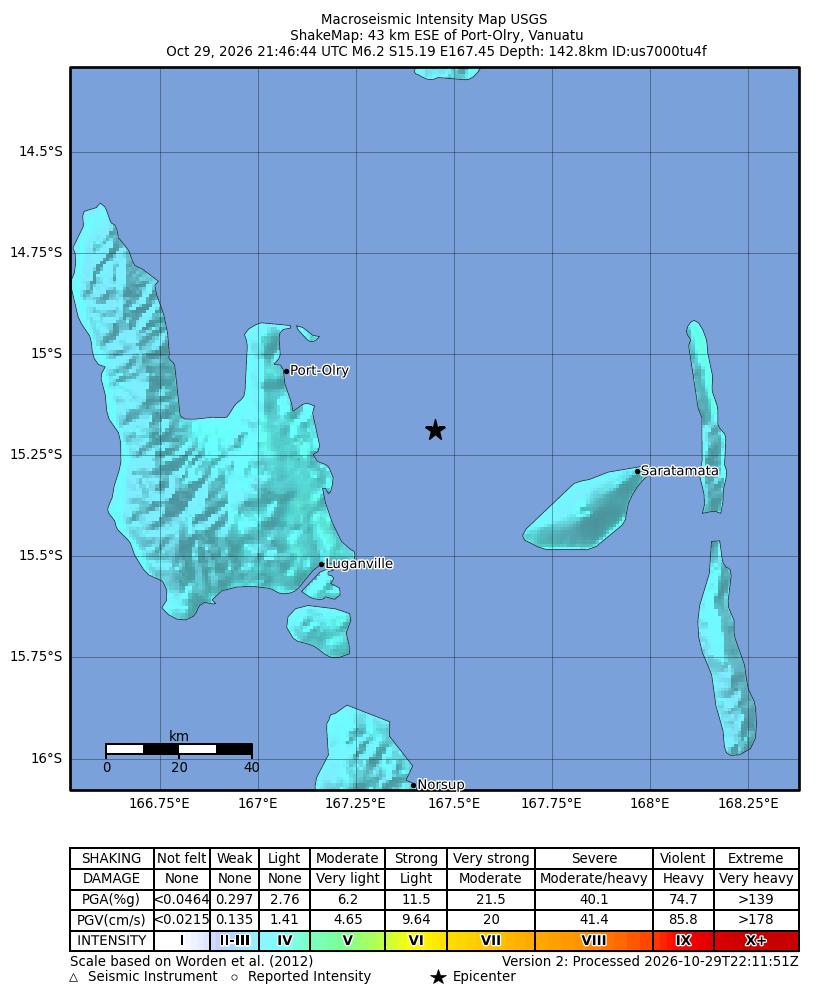 USGS ShakeMap intensity contours for the M6.2 earthquake near 43 km ESE of Port-Olry, Vanuatu