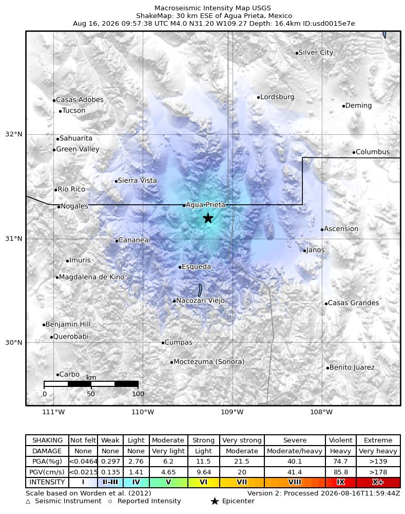 USGS ShakeMap intensity contours for the M4.0 earthquake near 30 km ESE of Agua Prieta, Mexico