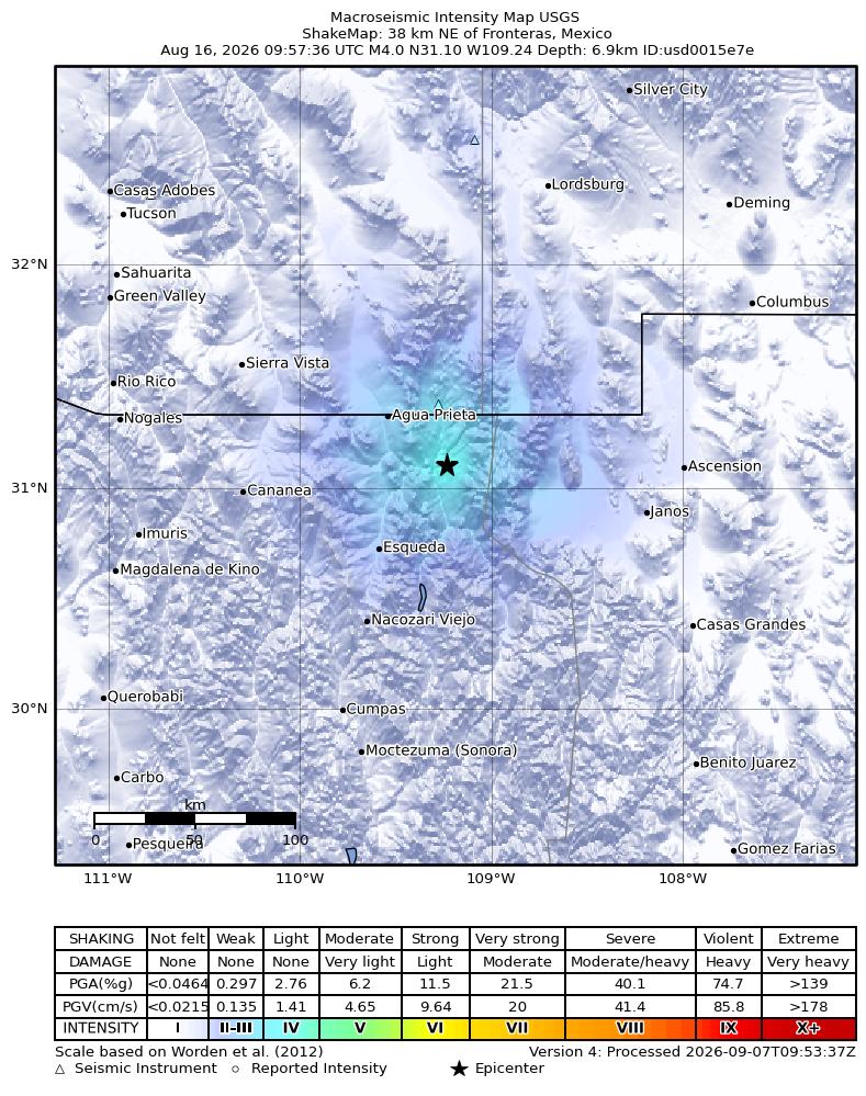 USGS ShakeMap intensity contours for the M4.0 earthquake near 38 km NE of Fronteras, Mexico