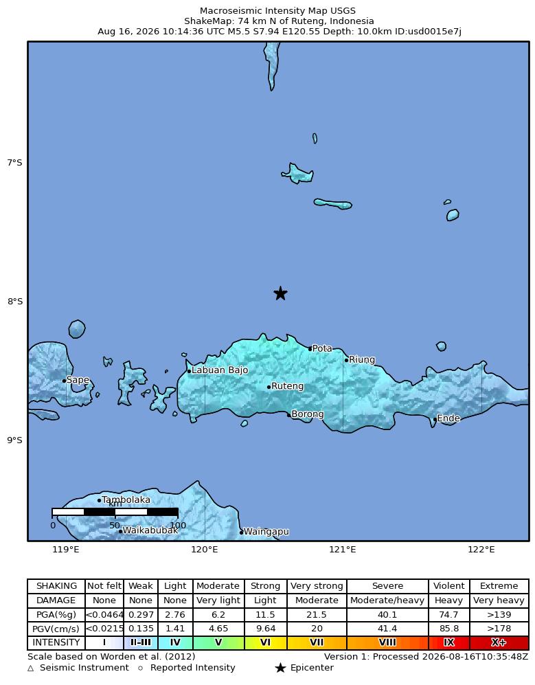 USGS ShakeMap intensity contours for the M5.3 earthquake near 75 km NNE of Ruteng, Indonesia