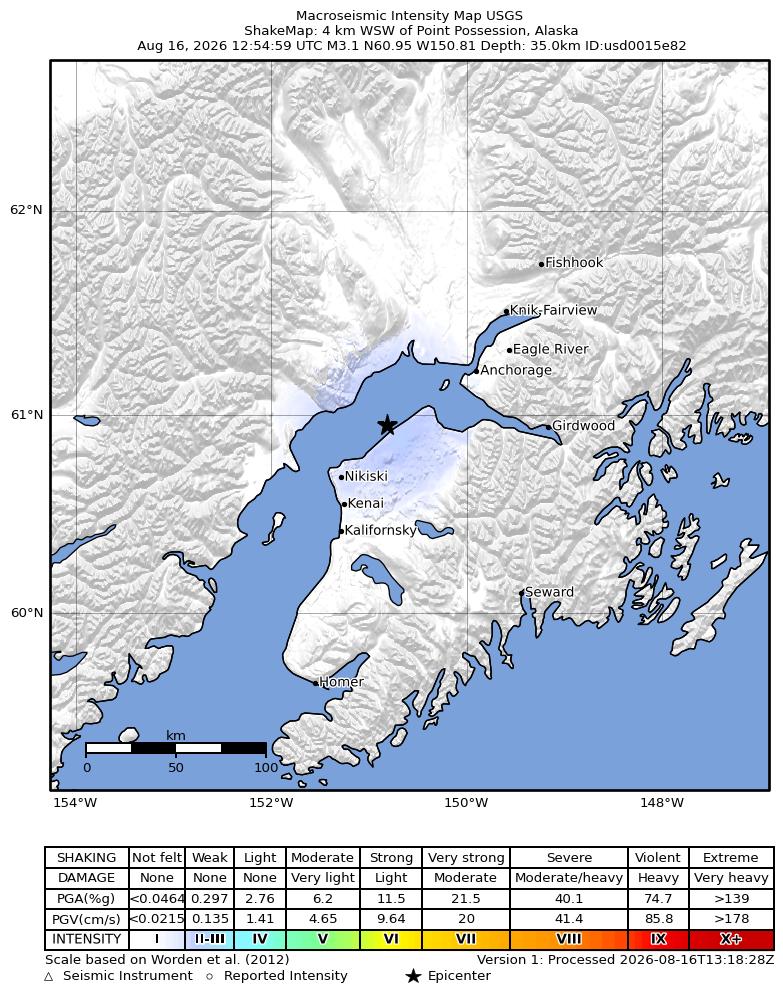 USGS ShakeMap intensity contours for the M3.1 earthquake near 4 km WSW of Point Possession, Alaska