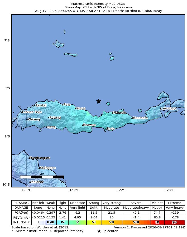 USGS ShakeMap intensity contours for the M5.7 earthquake near 65 km NNW of Ende, Indonesia