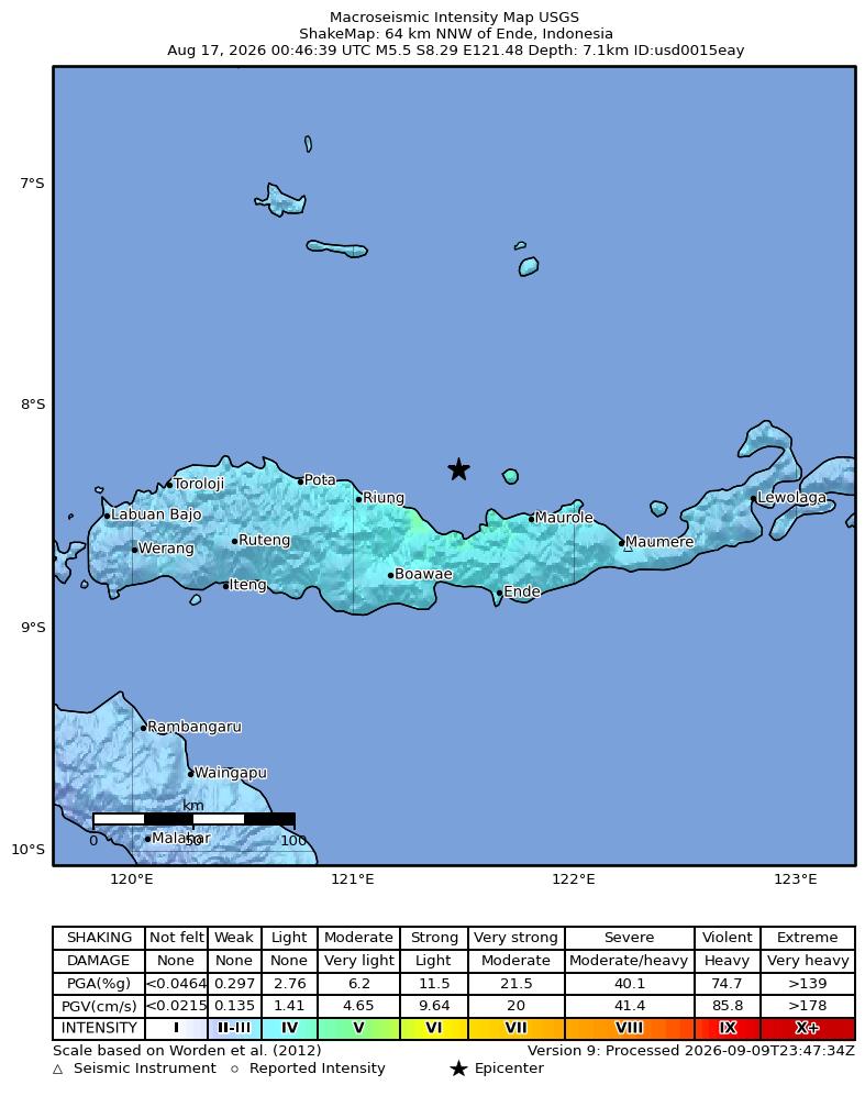 USGS ShakeMap intensity contours for the M5.5 earthquake near 64 km NNW of Ende, Indonesia
