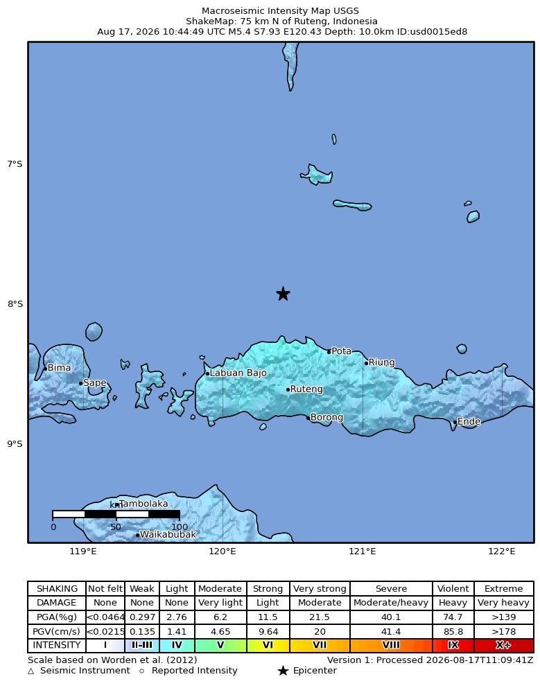 USGS ShakeMap intensity contours for the M5.4 earthquake near 75 km N of Ruteng, Indonesia