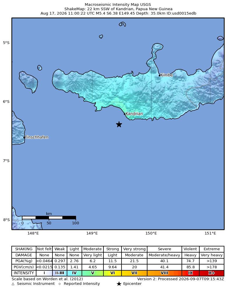 USGS ShakeMap intensity contours for the M5.4 earthquake near 22 km SSW of Kandrian, Papua New Guinea