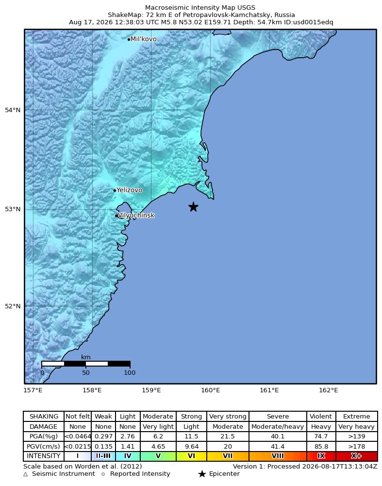 USGS ShakeMap intensity contours for the M5.8 earthquake near 72 km E of Petropavlovsk-Kamchatsky, Russia