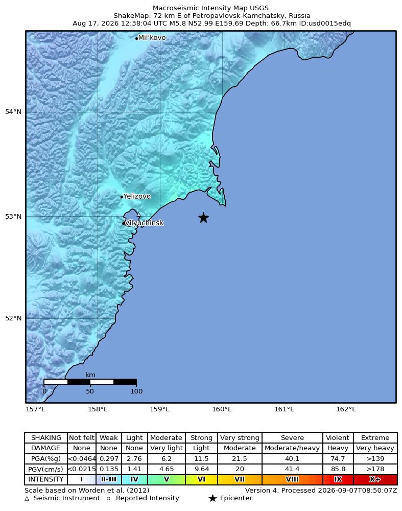 USGS ShakeMap intensity contours for the M5.8 earthquake near 72 km E of Petropavlovsk-Kamchatsky, Russia