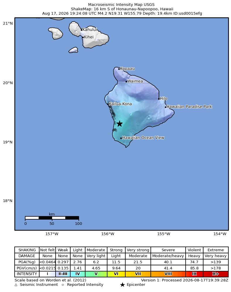 USGS ShakeMap intensity contours for the M4.1 earthquake near 16 km SSE of Honaunau-Napoopoo, Hawaii