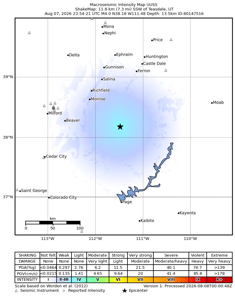 USGS ShakeMap intensity contours for the M0.8 earthquake near 1 km ENE of Koosharem, Utah