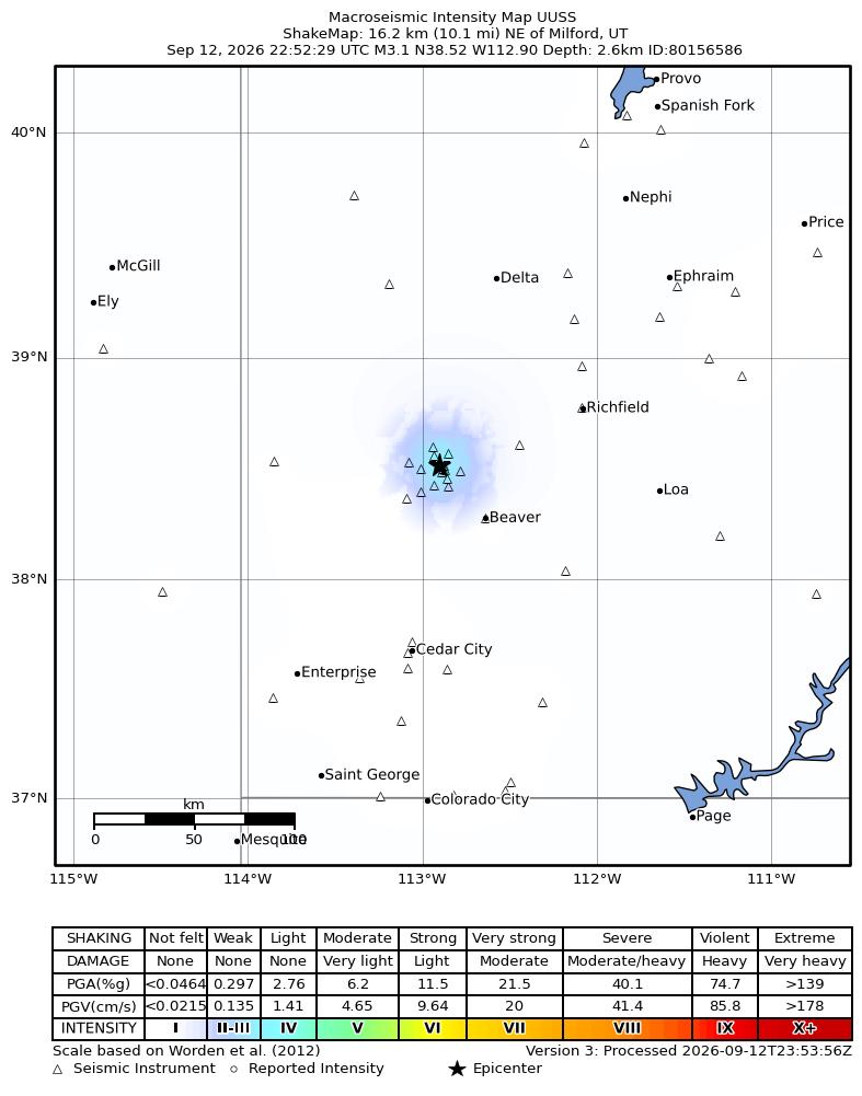 USGS ShakeMap intensity contours for the M3.1 earthquake near 16 km NE of Milford, Utah