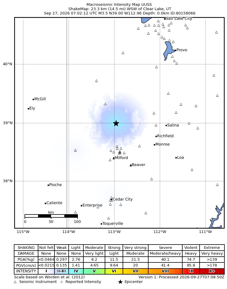 USGS ShakeMap intensity contours for the M3.5 earthquake near 41 km SW of Deseret, Utah