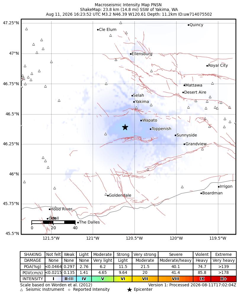 USGS ShakeMap intensity contours for the M3.3 earthquake near 5 km WSW of Harrah, Washington
