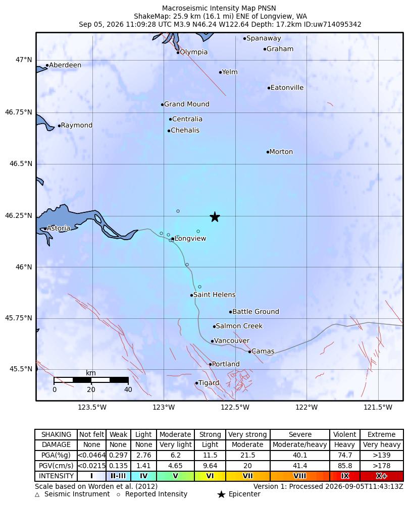 USGS ShakeMap intensity contours for the M3.9 earthquake near 20 km E of Castle Rock, Washington