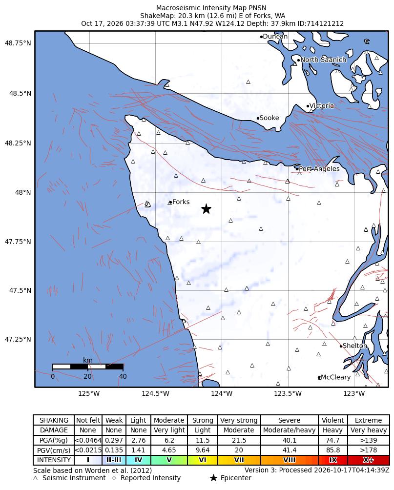 USGS ShakeMap intensity contours for the M3.1 earthquake near 20 km E of Forks, Washington