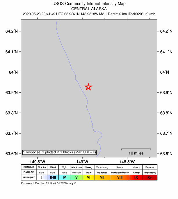 USGS DYFI community-reported intensity map for the M2.1 earthquake near 7 km NNE of Healy, Alaska