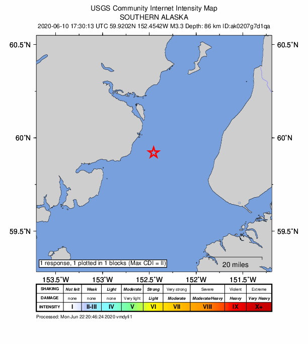 USGS DYFI community-reported intensity map for the M3.3 earthquake near 38 km WNW of Anchor Point, Alaska