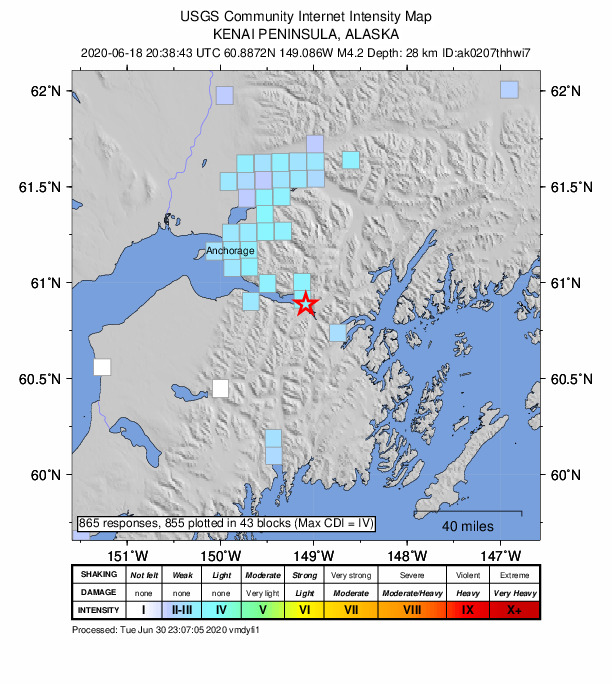 USGS DYFI community-reported intensity map for the M4.2 earthquake near 7 km SE of Girdwood, Alaska