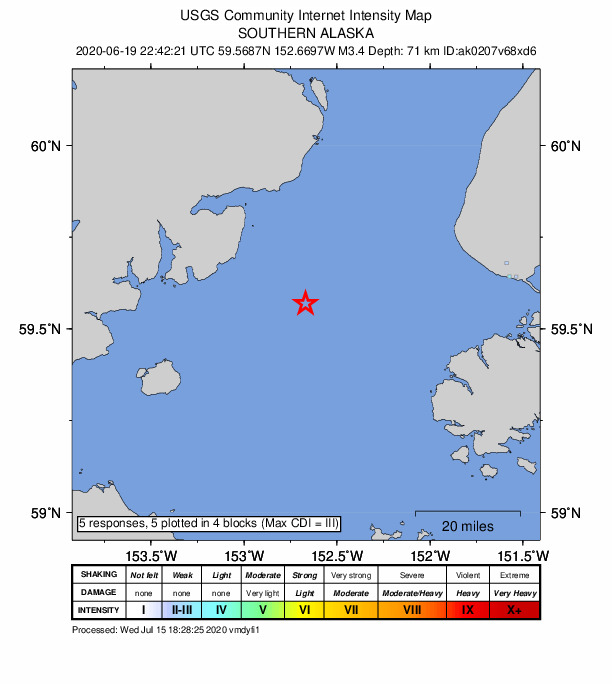 USGS DYFI community-reported intensity map for the M3.4 earthquake near 48 km WNW of Nanwalek, Alaska