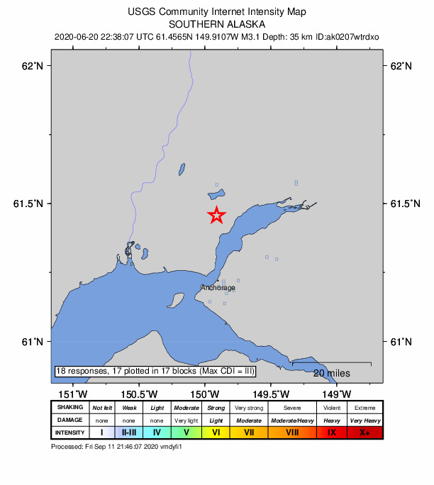 USGS DYFI community-reported intensity map for the M3.1 earthquake near 7 km SSE of Big Lake, Alaska