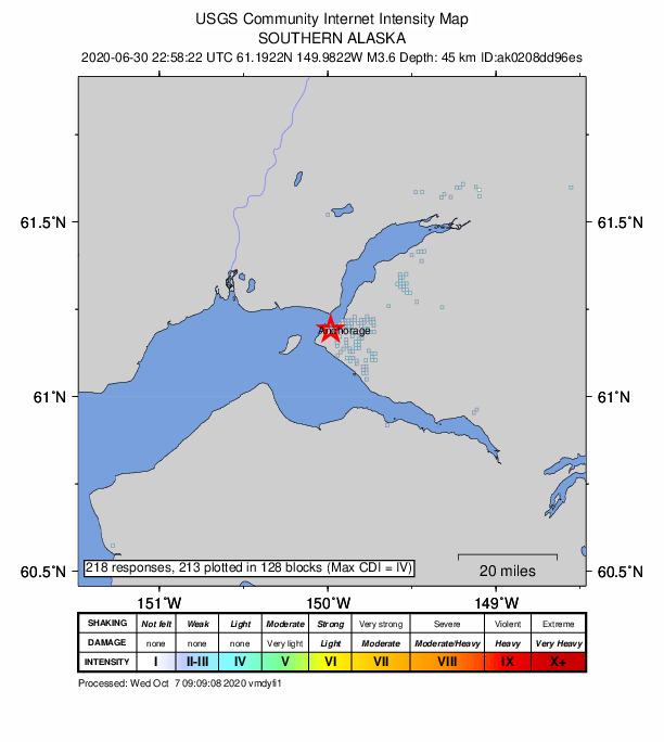 USGS DYFI community-reported intensity map for the M3.6 earthquake near 5 km WSW of Anchorage, Alaska