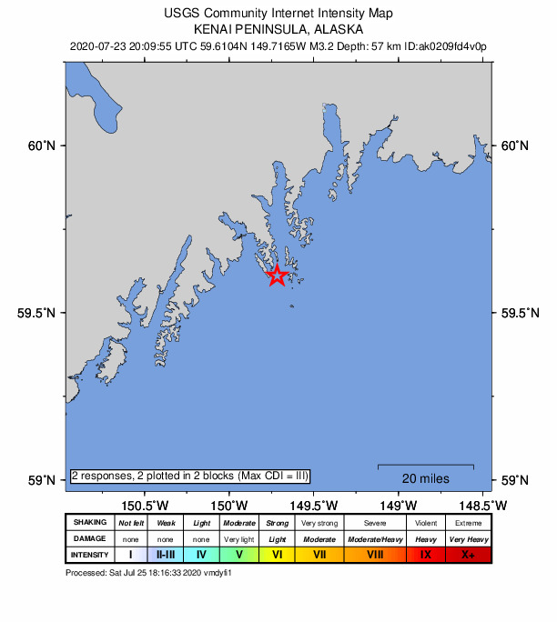 USGS DYFI community-reported intensity map for the M3.0 earthquake near 18 km SW of Lowell Point, Alaska