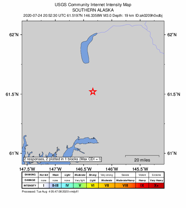 USGS DYFI community-reported intensity map for the M3.0 earthquake near 43 km N of Valdez, Alaska