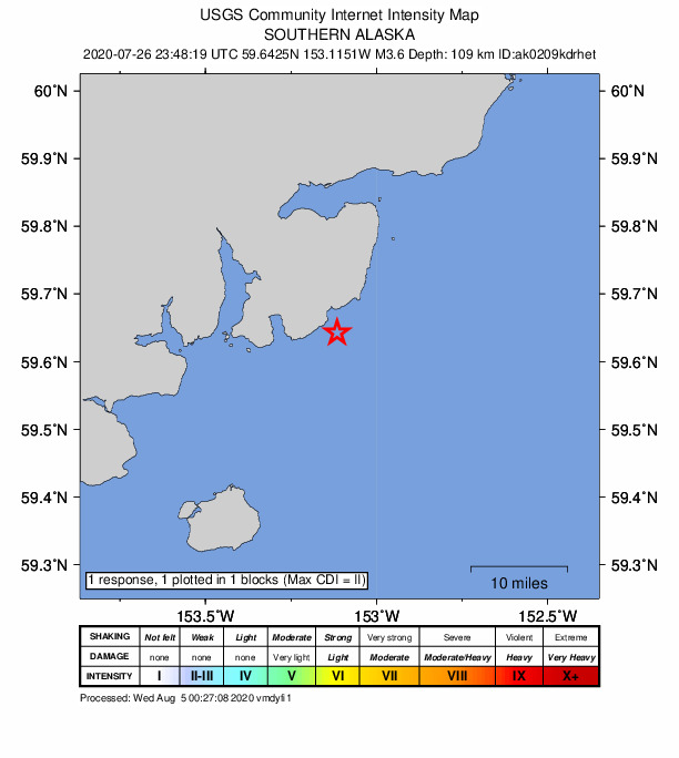 USGS DYFI community-reported intensity map for the M3.6 earthquake near 58 km ESE of Pedro Bay, Alaska