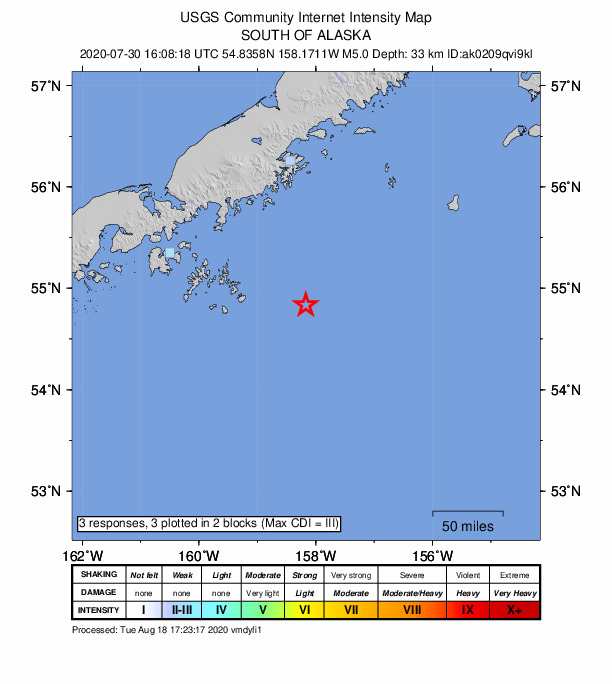 USGS DYFI community-reported intensity map for the M5.0 earthquake near 134 km SSE of Perryville, Alaska
