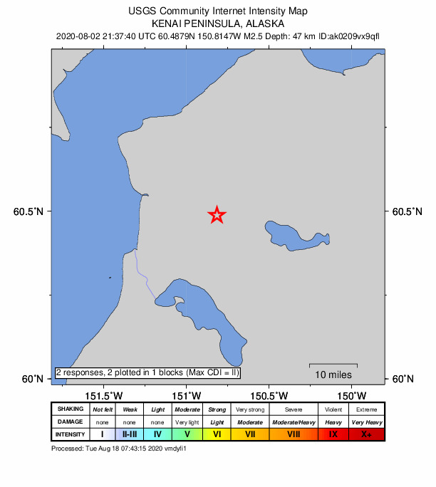 USGS DYFI community-reported intensity map for the M2.5 earthquake near 3 km WSW of Funny River, Alaska