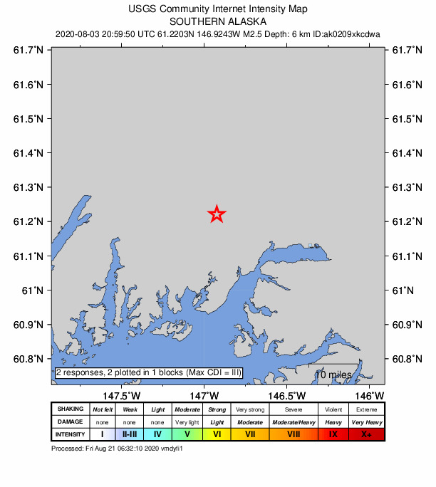 USGS DYFI community-reported intensity map for the M2.5 earthquake near 32 km WNW of Valdez, Alaska