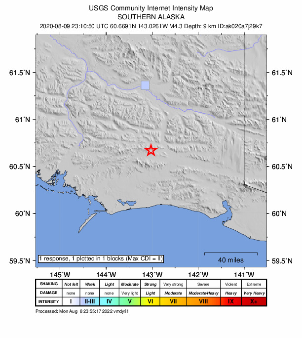 USGS DYFI community-reported intensity map for the M4.3 earthquake near 85 km S of McCarthy, Alaska