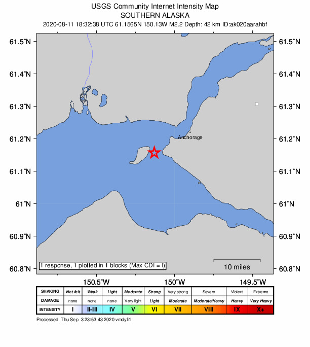 USGS DYFI community-reported intensity map for the M2.2 earthquake near 14 km WSW of Anchorage, Alaska