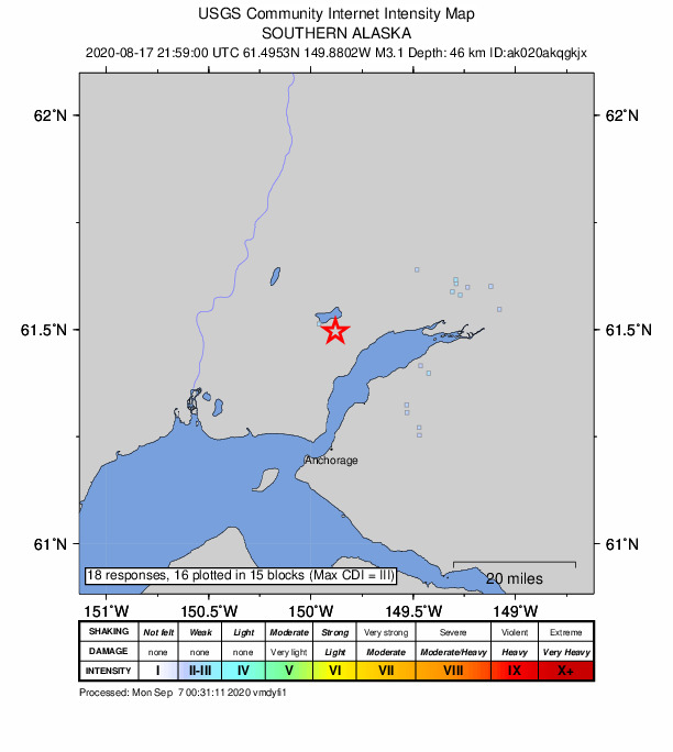 USGS DYFI community-reported intensity map for the M3.1 earthquake near 4 km SE of Big Lake, Alaska