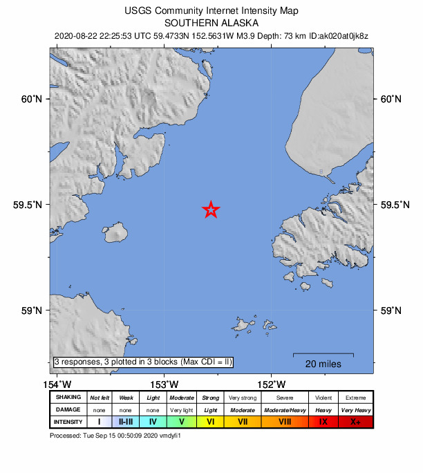 USGS DYFI community-reported intensity map for the M3.9 earthquake near 38 km WNW of Nanwalek, Alaska