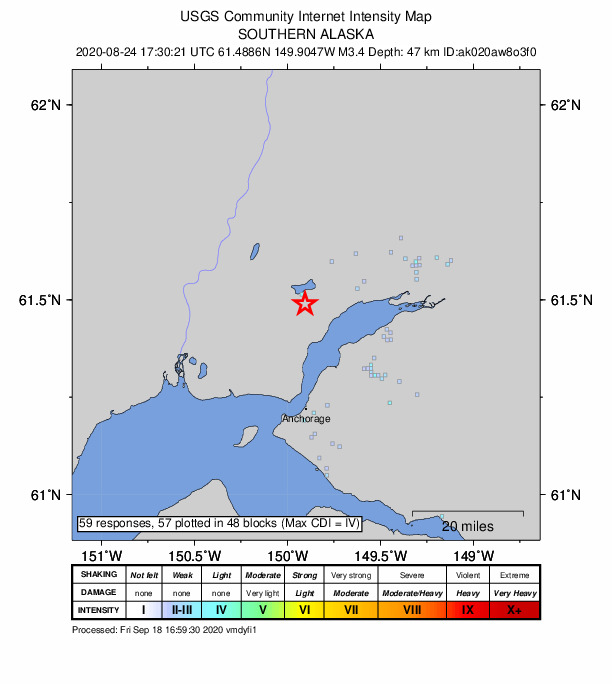 USGS DYFI community-reported intensity map for the M3.4 earthquake near 4 km SE of Big Lake, Alaska