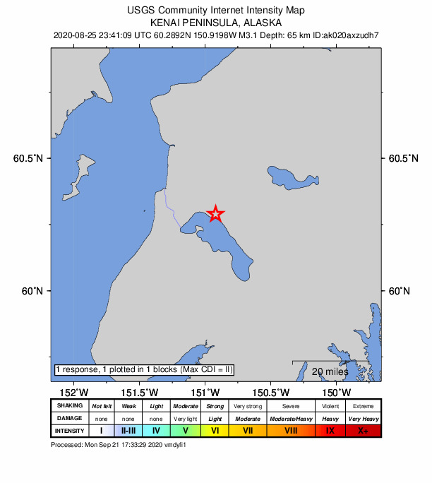 USGS DYFI community-reported intensity map for the M3.1 earthquake near 20 km ESE of Kasilof, Alaska