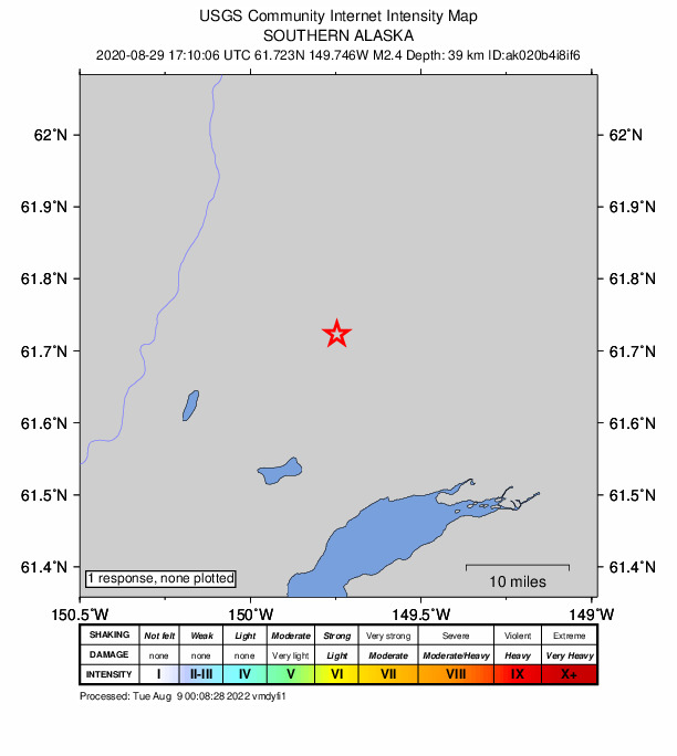 USGS DYFI community-reported intensity map for the M2.4 earthquake near 11 km NNE of Houston, Alaska