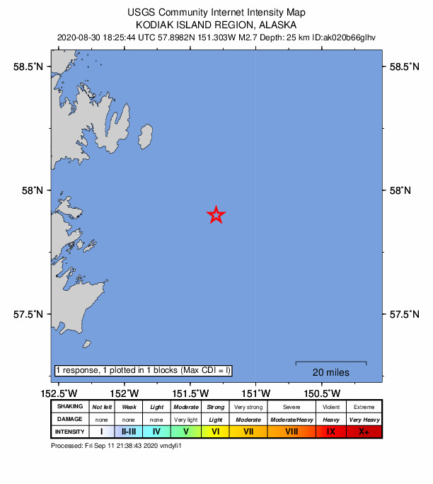 USGS DYFI community-reported intensity map for the M2.7 earthquake near 66 km ENE of Chiniak, Alaska