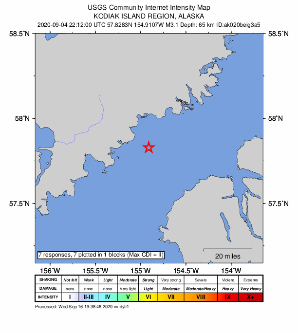 USGS DYFI community-reported intensity map for the M3.1 earthquake near 39 km NW of Karluk, Alaska