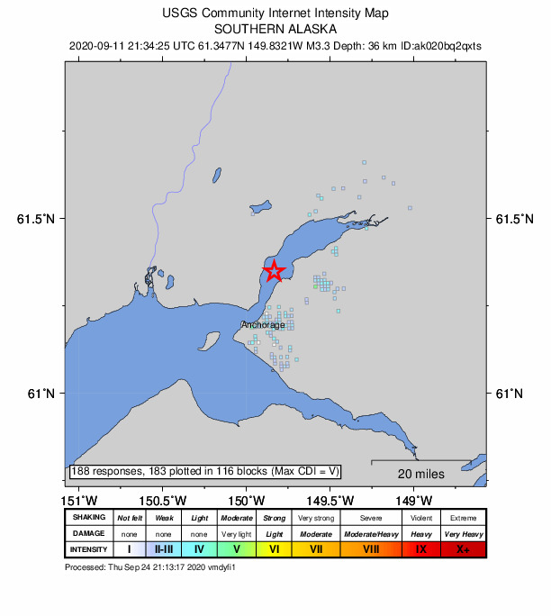 USGS DYFI community-reported intensity map for the M3.3 earthquake near 7 km E of Point MacKenzie, Alaska