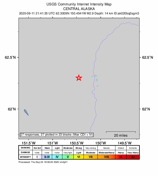 USGS DYFI community-reported intensity map for the M2.9 earthquake near Central Alaska