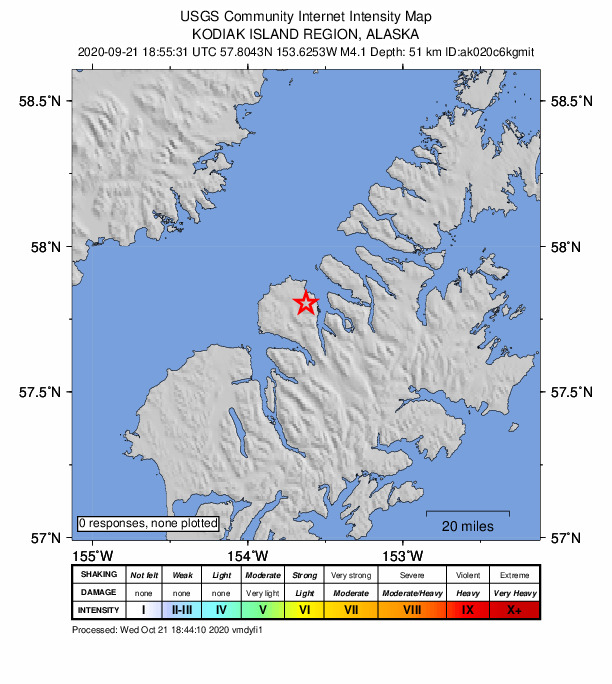 USGS DYFI community-reported intensity map for the M4.1 earthquake near 36 km NE of Larsen Bay, Alaska