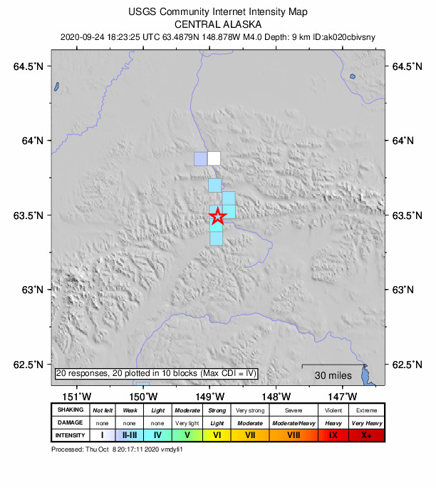 USGS DYFI community-reported intensity map for the M4.0 earthquake near 11 km NNE of Cantwell, Alaska