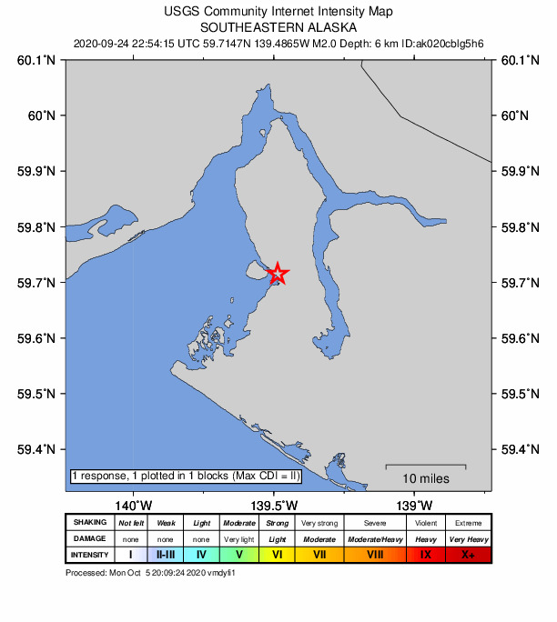 USGS DYFI community-reported intensity map for the M2.0 earthquake near Southeastern Alaska