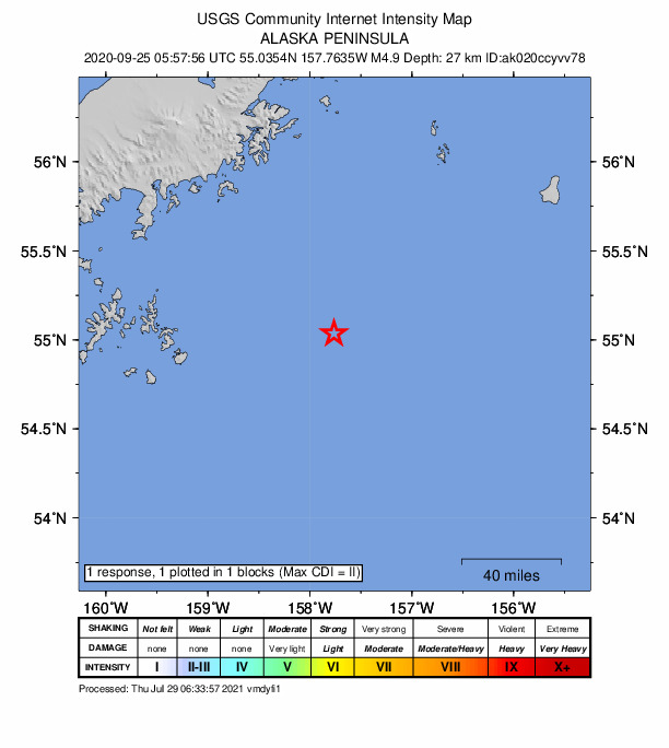 USGS DYFI community-reported intensity map for the M4.9 earthquake near 130 km SE of Perryville, Alaska