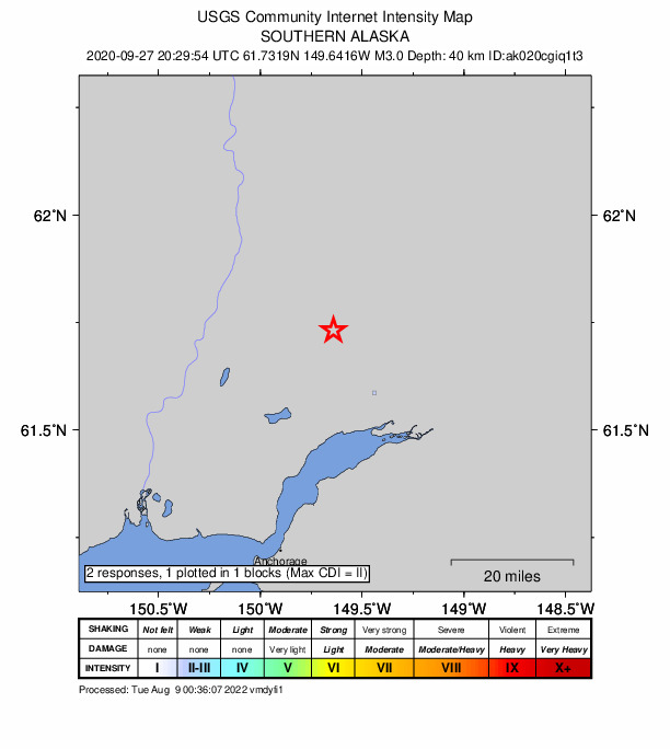 USGS DYFI community-reported intensity map for the M3.0 earthquake near 12 km N of Meadow Lakes, Alaska