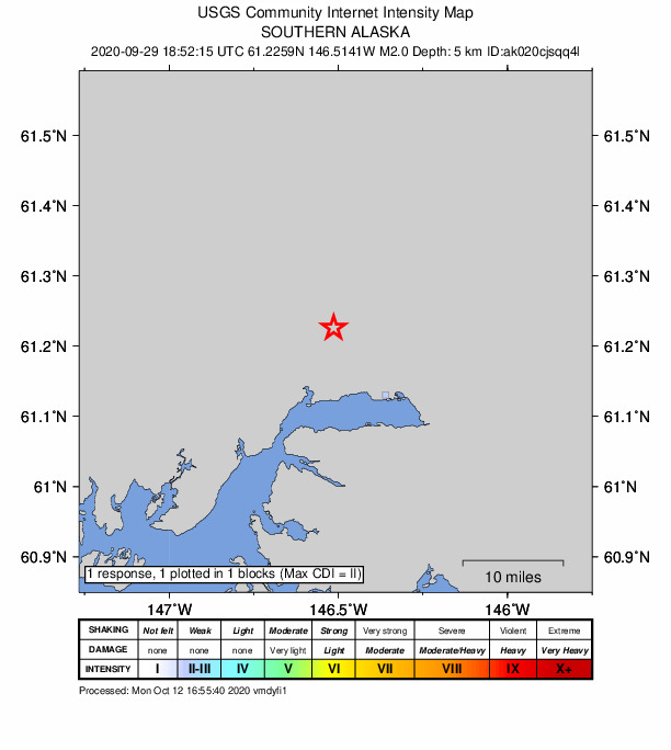 USGS DYFI community-reported intensity map for the M2.0 earthquake near 13 km NW of Valdez, Alaska
